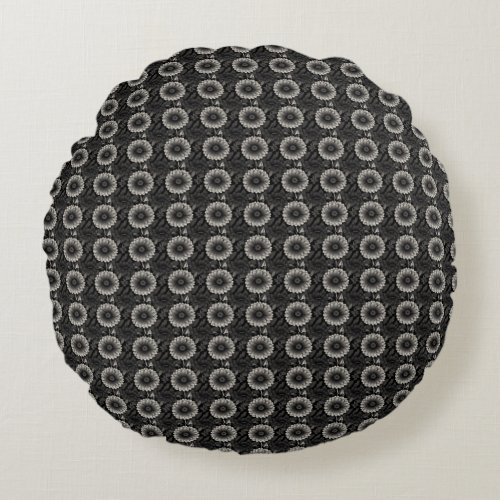 Intricate Black and White Floral Illustration Round Pillow