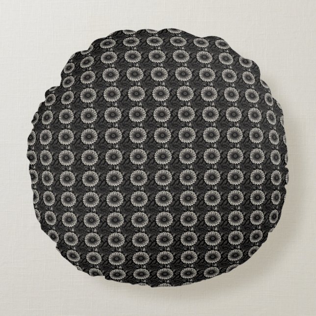 Intricate Black and White Floral Illustration Round Pillow (Front)