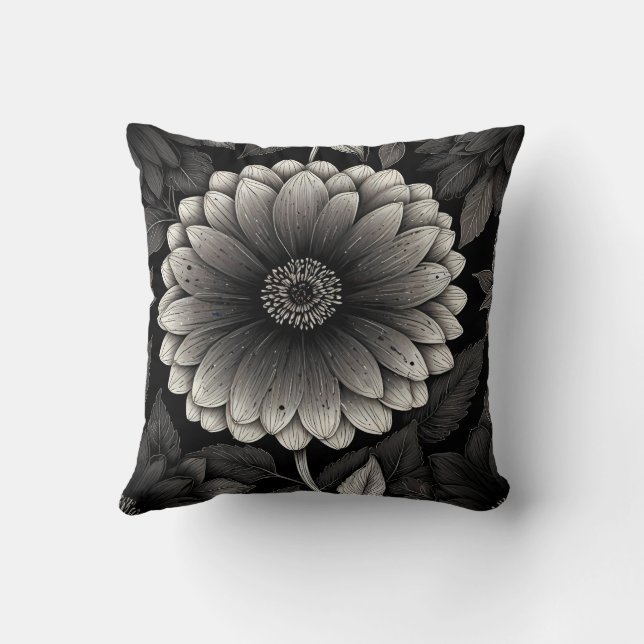 Intricate Black and White Floral Illustration Throw Pillow (Back)