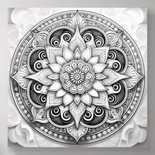 Intricate Black and White Mandala with Floral Patt Acrylic Photo Tile