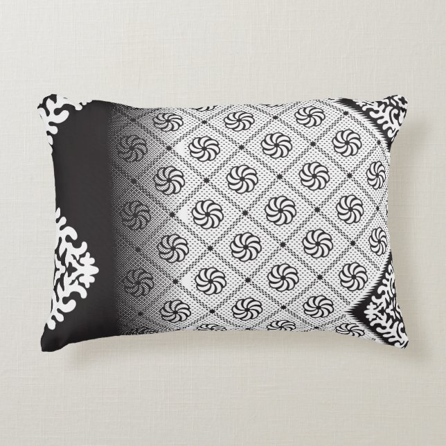 Intricate black and white pattern featuring floral accent pillow (Front)