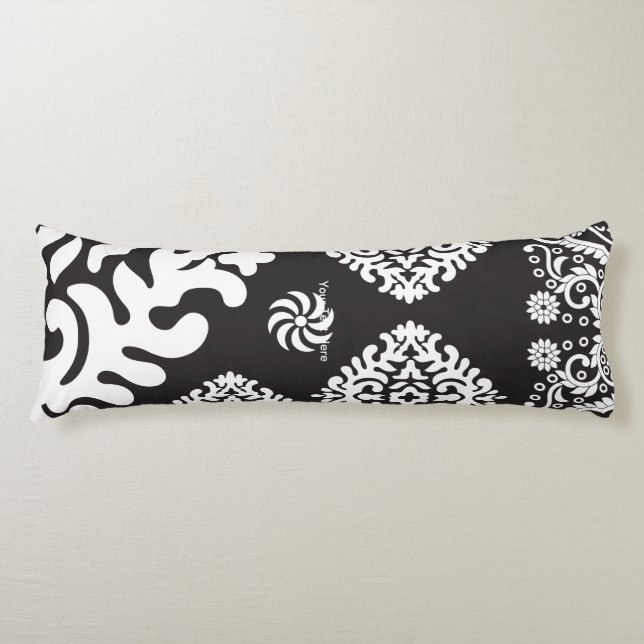 Intricate black and white pattern featuring floral body pillow (Front)