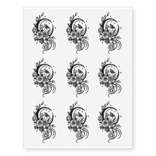 Intricate Black Floral Crescent Moon & Butterfly Temporary Tattoos