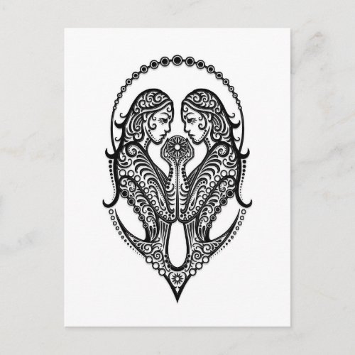 Intricate Black Gemini Zodiac on White Postcard