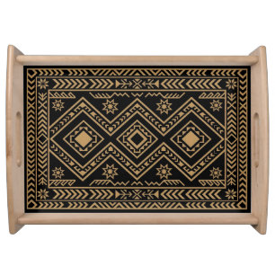 Intricate Black Gold Geometric Surface Pattern Serving Tray