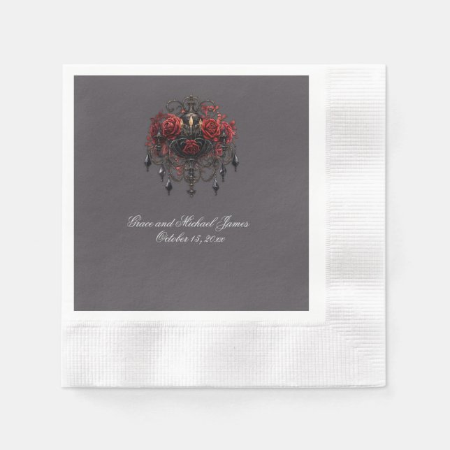 Intricate Black Gothic Chandelier With Roses Napkins (Front)