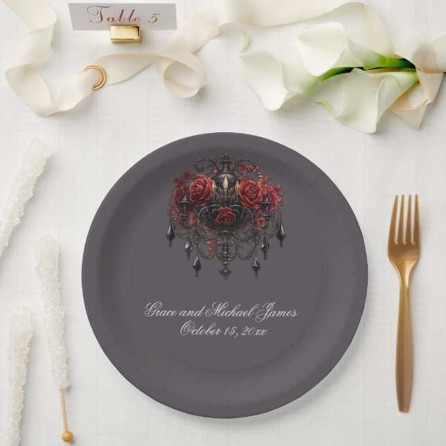 Intricate Black Gothic Chandelier With Roses Paper Plates (Wedding)