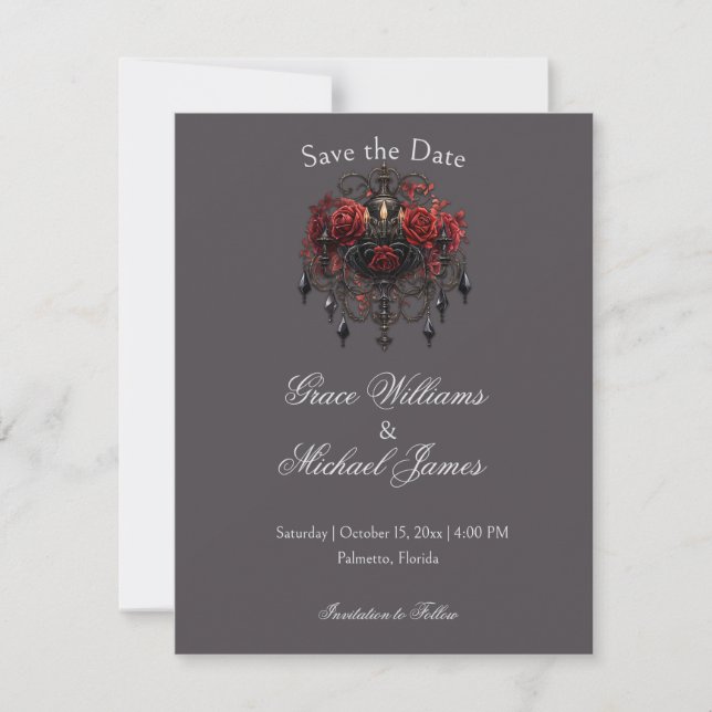 Intricate Black Gothic Chandelier With Roses Save The Date (Front)