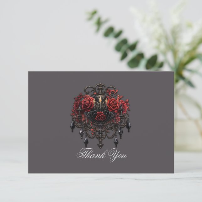 Intricate Black Gothic Chandelier With Roses Thank You Card (Standing Front)