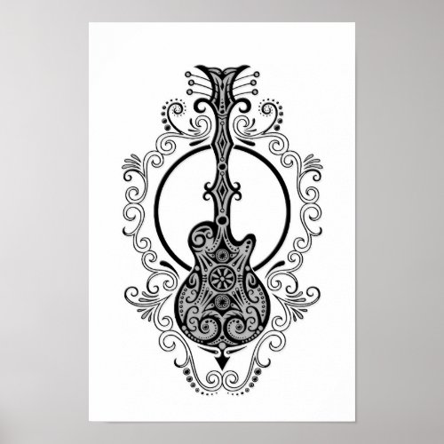 Intricate Black Guitar Design on White Poster