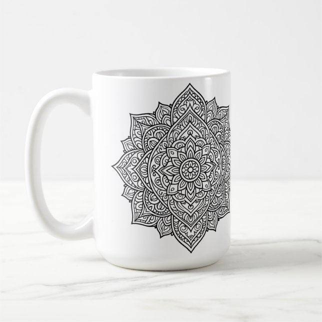 Intricate Black Line Mandala Art Coffee Mug (Left)
