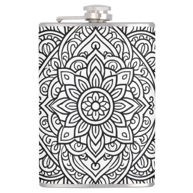 Intricate Black Line Mandala Art Flask (Front)