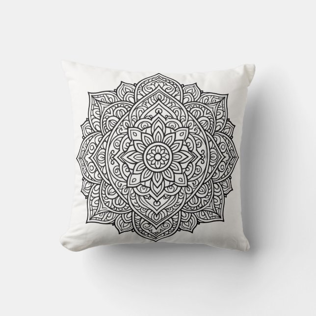 Intricate Black Line Mandala Art Throw Pillow (Front)