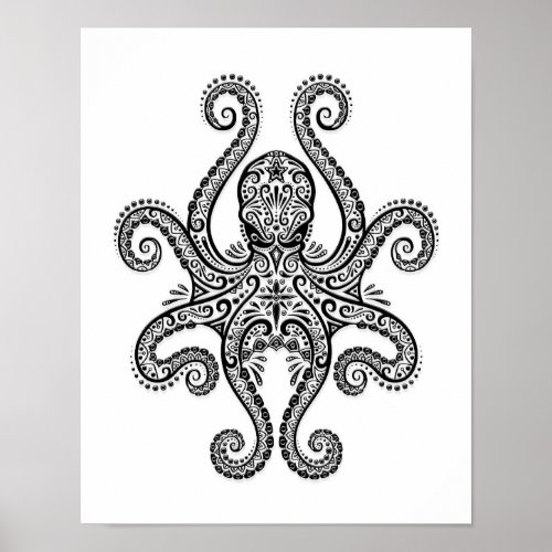 Intricate Black Octopus on White Poster