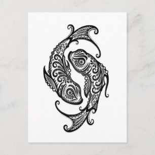 Intricate Black Pisces Zodiac on White Postcard
