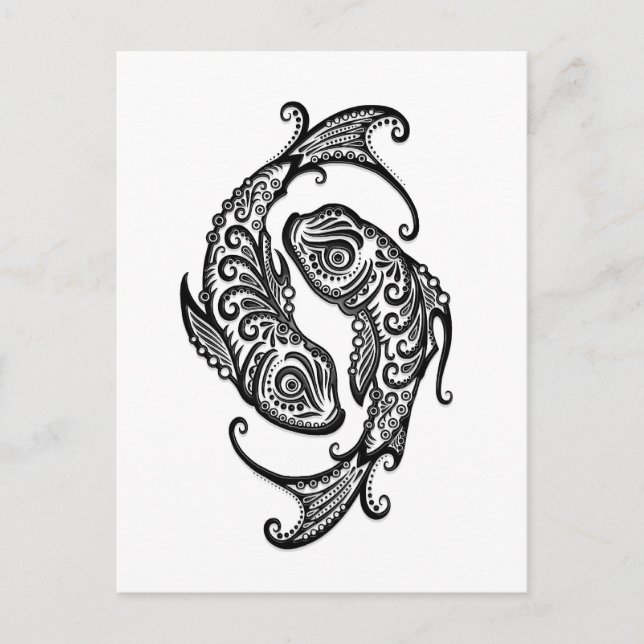 Intricate Black Pisces Zodiac on White Postcard (Front)