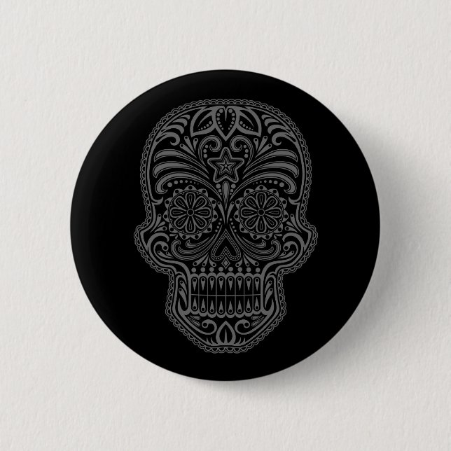 Intricate Black Sugar Skull Button (Front)