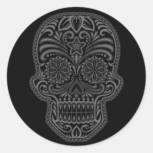 Intricate Black Sugar Skull Classic Round Sticker