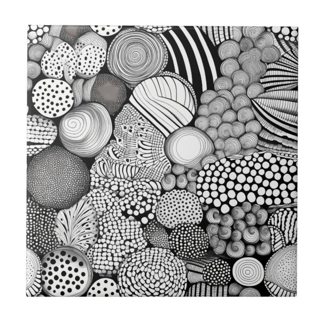 Intricate Black White Abstract Lines Shapes Ceramic Tile (Front)