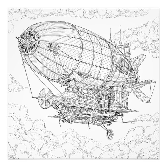 Intricate Black White Steampunk Airship Drawing Photo Print (Front)