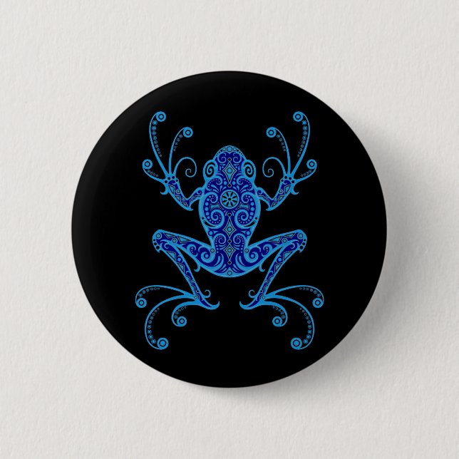 Intricate Blue and Black Tree Frog Pinback Button (Front)
