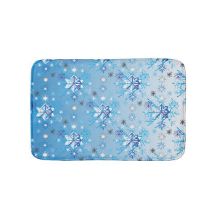 Intricate blue and white stars and snowflakes bath mat