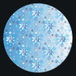 Intricate blue and white stars and snowflakes classic round sticker<br><div class="desc">Intricate blue and white stars and snowflakes holiday pattern. Need more? Check out other holiday designs at my store! Cheers! :)</div>