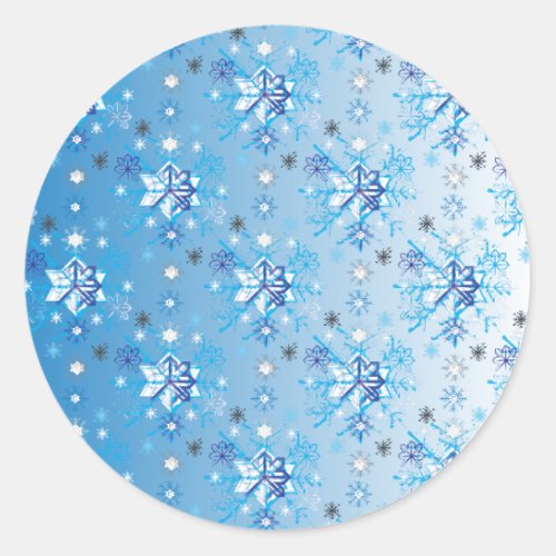 Intricate blue and white stars and snowflakes classic round sticker