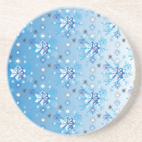 Intricate blue and white stars and snowflakes drink coaster