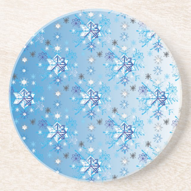 Intricate blue and white stars and snowflakes drink coaster (Front)