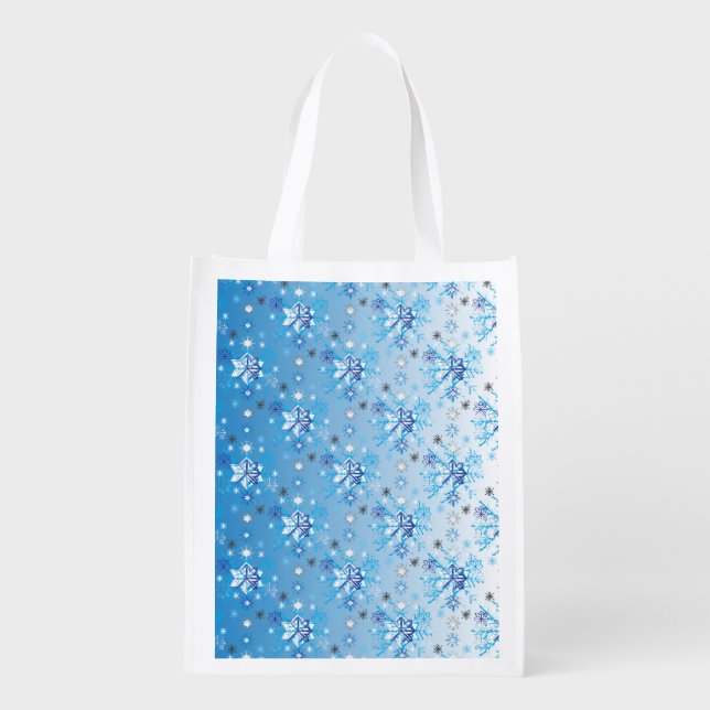 Intricate blue and white stars and snowflakes grocery bag (Back)
