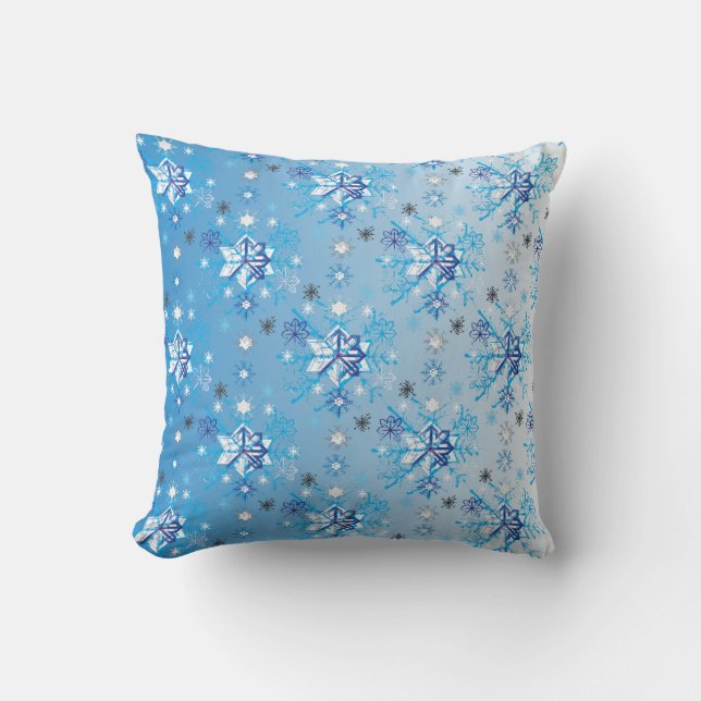 Intricate blue and white stars and snowflakes throw pillow (Front)