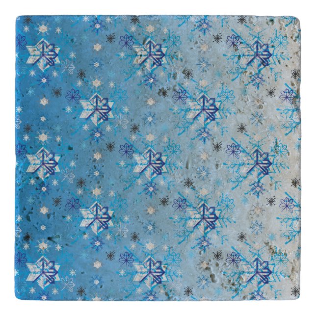 Intricate blue and white stars and snowflakes trivet (Front)