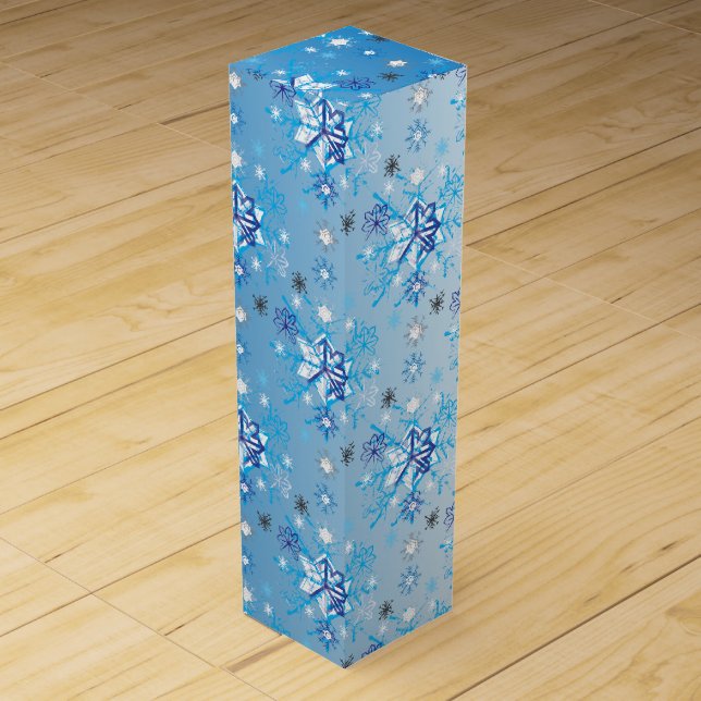 Intricate blue and white stars and snowflakes wine gift box (Front)