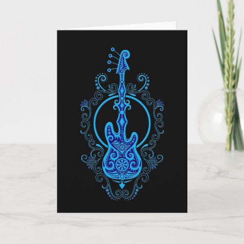 Intricate Blue Bass Guitar Design on Black Card