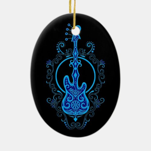 Intricate Blue Bass Guitar Design on Black Ceramic Ornament