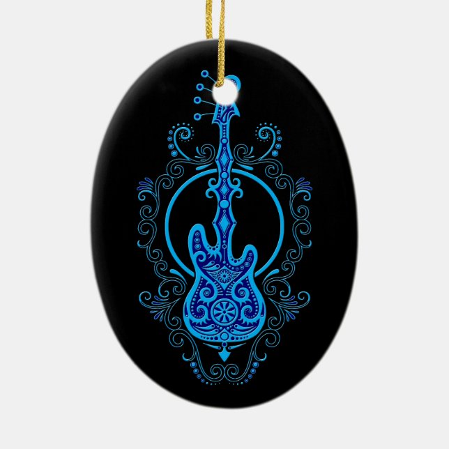 Intricate Blue Bass Guitar Design on Black Ceramic Ornament (Back)