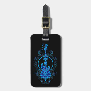 Intricate Blue Bass Guitar Design on Black Luggage Tag