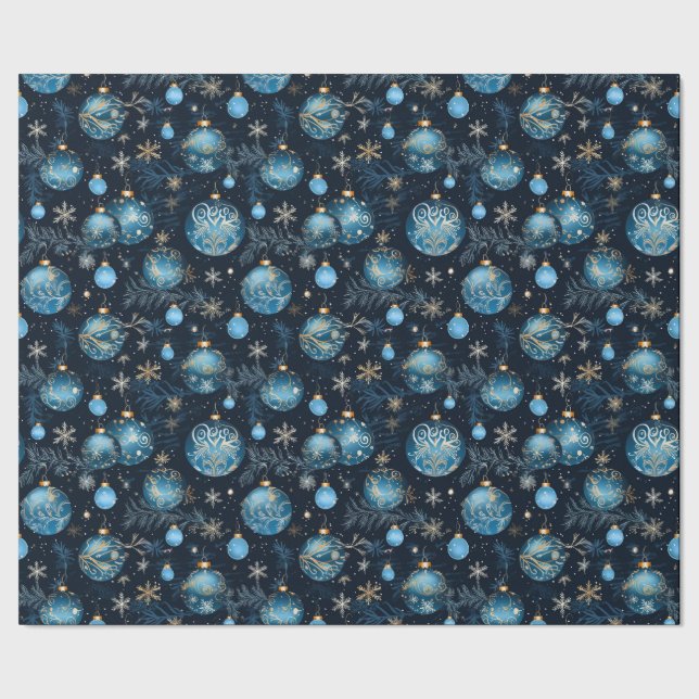 Intricate Blue Christmas Baubles  Wrapping Paper (Seam)