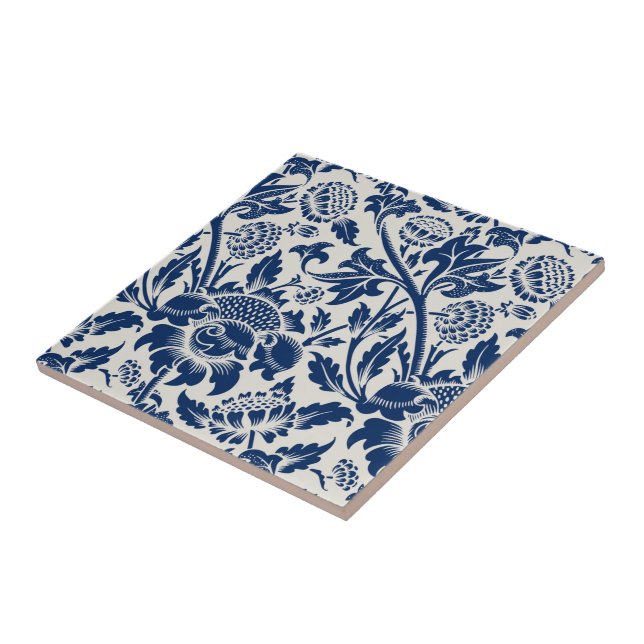Intricate blue floral pattern on light background ceramic tile (Side)