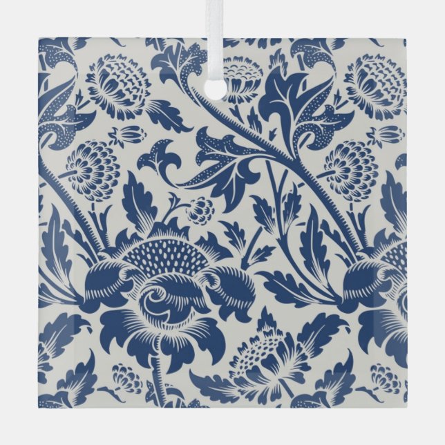 Intricate blue floral pattern on light background glass ornament (Front)