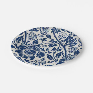 Intricate blue floral pattern on light background paper plates