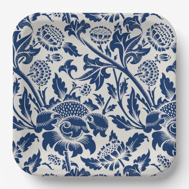 Intricate blue floral pattern on light background paper plates (Front)