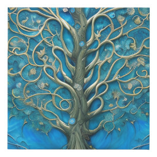Intricate Blue Floral Tree of Life Graphic Faux Canvas Print