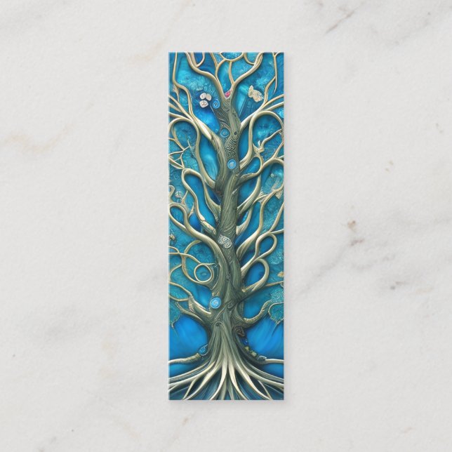 Intricate Blue Floral Tree of Life Graphic Mini Business Card (Front)
