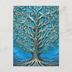 Intricate Blue Floral Tree of Life Graphic Postcard