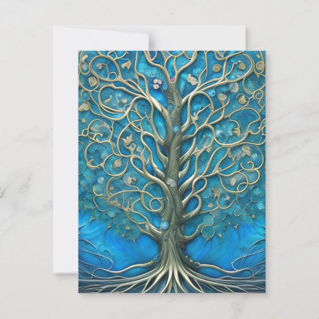 Intricate Blue Floral Tree of Life Graphic Thank You Card (Front)