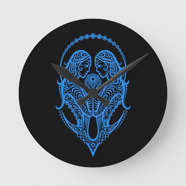 Intricate Blue Gemini Zodiac on Black Round Clock (Front)
