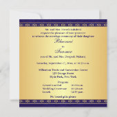 Intricate Blue, Gold Scrolls Stars Wedding Invite (Back)