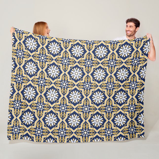 Intricate blue gold white arabesque tile Moroccan  Fleece Blanket (In Situ)
